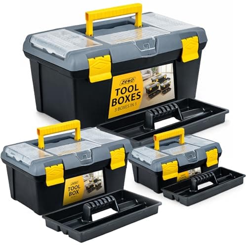 Image of ZENO 3 Piece Plastic Toolbox Organiser Set | 10" 13" 16" Inch Tool Boxes Plastic Portable Tool Box Set | Tool Box Organiser with Extra Storage Tray for Home Tools | Nails and Pins | Utility Toolbox