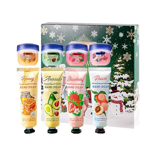 Image of Wenrny Christmas Hand Cream and Lip Balm Gift Set - 8Pcs Holiday Skincare Combo, 4 Moisturizing Hand Creams & 4 Nourishing Lip Balms, Christmas Stocking Stuffers for Women Girls, Festive Gift Idea