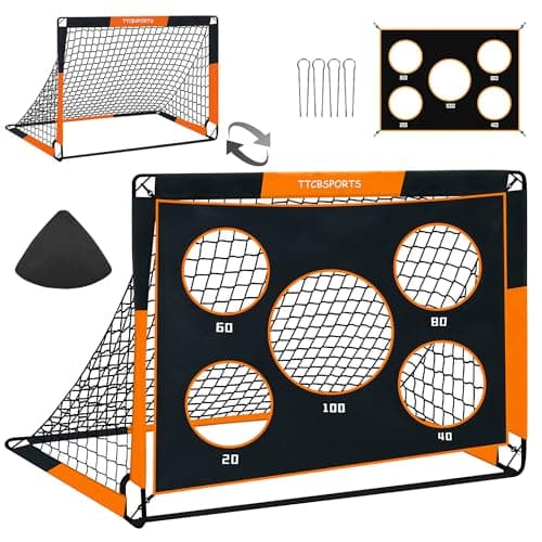 Image of TTCBSPORTS 2 in 1 Football Goal, 120X90X90cm Football Goals for Kids, Soccer Training Net with 5 Target Ranges, Foldable Target Training Equipment for Garden, Park, Backyard(Orange)