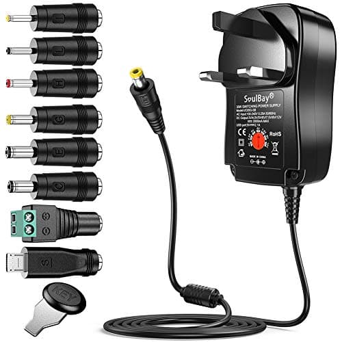 Image of SoulBay Universal 30W 3V 4.5V 5V 6V 7.5V 9V 12V AC/DC Adapter Switching Power Supply Charger PSU with 8 Selectable Adaptor Tips for 3V-12V Household Electronics and LED Strip - 2000mA Max