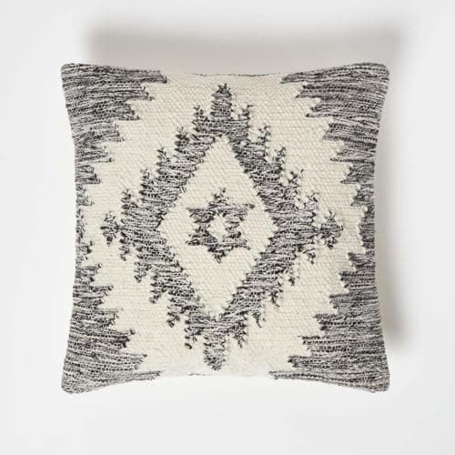 Image of HOMESCAPES Handwoven Kilim Cushion Grey & Cream 100% Cotton & Wool Geometric Cushion Traditional Authentic Design with Super Microfibre Cushion Insert 45 x 45 cm