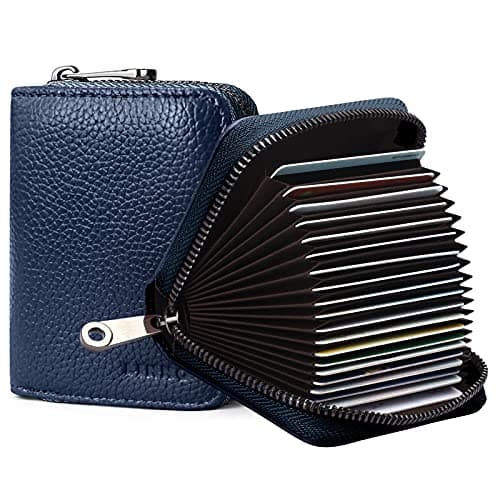 Image of Goopai RFID 20 Card Slots Credit Card Holder Genuine Leather Accordion Card Case Small Wallet for Women or Men with Zipper (Navy)