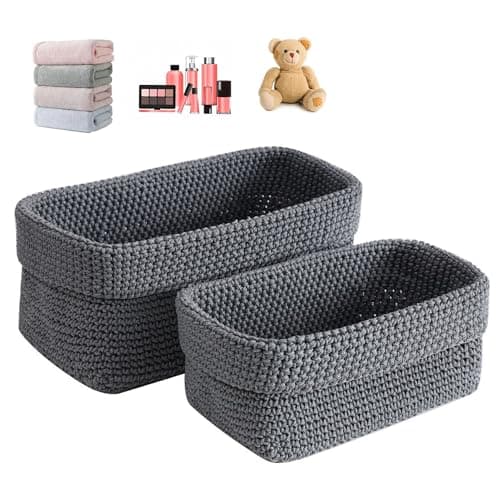 Image of 2PCS Woven Storage Basket,Storage Baskets For Shelves,Knitted Cotton Rope Basket For Living Room,Bathrooms,Offices,Kitchens,Towels,Cosmetics,Toys,Jewellery(Grey)