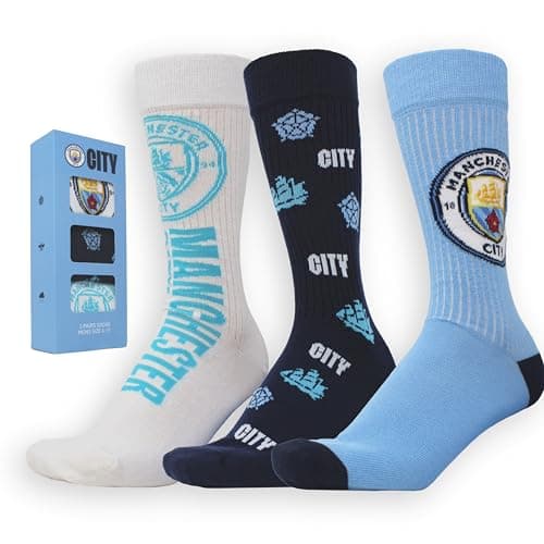 Image of Manchester City FC Men's Socks, 3 Pack, Blue and Navy, Club Crest Design, Size 6-11