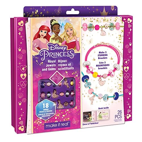 Image of Make It Real Disney Princess Royal Jewels & Gems - Bracelet Making Kit with Princess Charms from Ariel, Tiana & Aurora - Creative Jewellery Making Craft Kit for Kids Aged 8+ with 18 Beads & 3 Cords