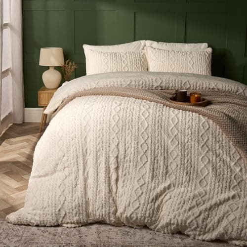 Image of OHS Cable Knit Single Bedding Set, Teddy Fleece Quilt Cover Single Warm Duvet Covers Christmas Bedding Sherpa Reverse with Pillowcases Super Soft Cosy Quilt Covers - Cream