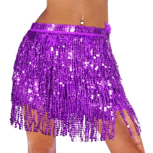 Image of Monbessi Cute Tassel Belly Dance Skirt with Glitter for Women and Girls - Purple