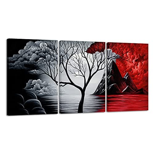 Image of Wieco Art - Large Size The Cloud Tree 3 Panels Modern Giclee Canvas Prints Artwork Abstract Seascape Paintings Reproduction Sea Beach Photo Printed on Canvas Wall Art Ready to Hang for Living Room Bedroom Home Decoration