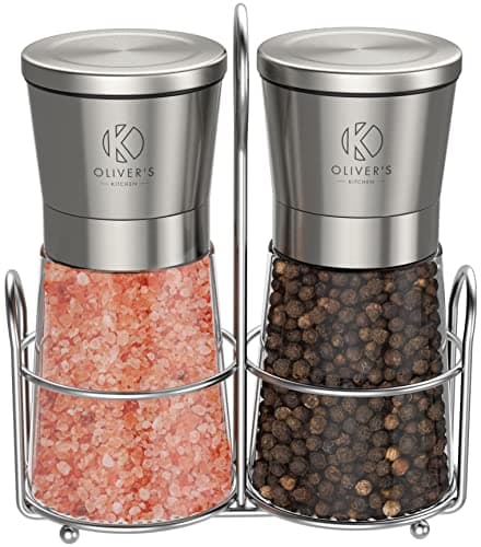 Image of Oliver's Kitchen ® Salt & Pepper Grinder Set - 2X Premium Quality Ceramic Grinders - Easy to Fill & Use - Season to Perfection with Adjustable Coarseness - Large Capacity - Refill Less Often
