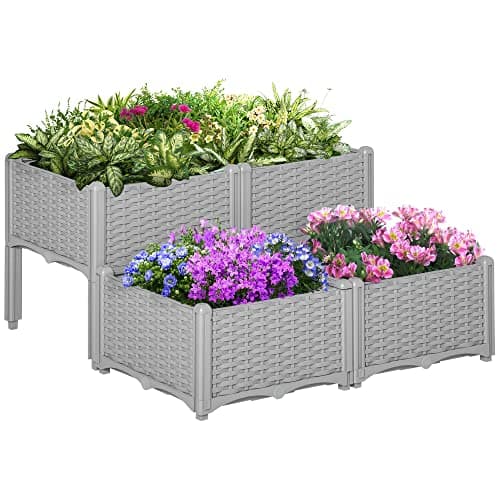 Image of Outsunny Set of 4 26L Garden Raised Bed Elevated Patio Flower Plant Planter Box PP Vegetables Planting Container, Grey