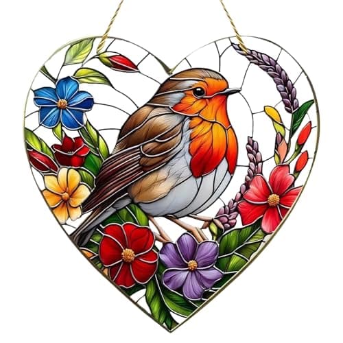 Image of Window Sun Catcher, 20x20CM Large Heart-Shaped Robin Stained Glass Suncatcher – Decorative Hanging Ornament for Windows, Ideal for Home, Garden, or Gift