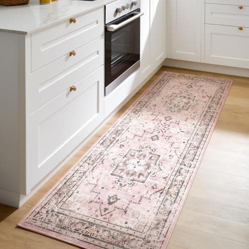 Image of XSIVOD Runner Rugs for Hallway, Pink Washable Rugs for Entryway Kitchen Runner, Soft Vintage Area Rugs for Bedroom Living Room, Non Slip Floor Accent Carpet for Home Deocor, 60 x 180 cm