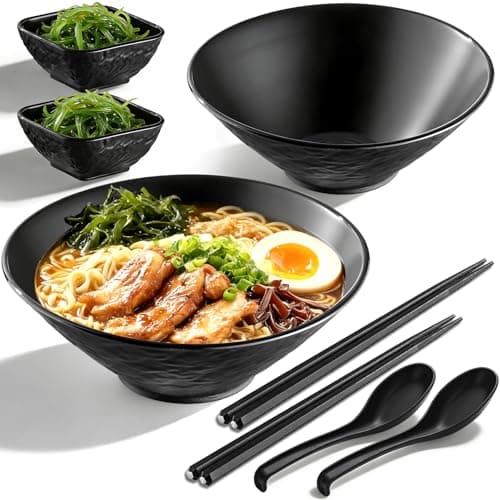 Image of Berglander Ramen Bowl Set 1200mL of 2 with Dipping Bowls Chopsticks Spoons, Unbreakable Japanese Style Plastic Noodle Soup Bowls for Asian Pho Soup Thai Miso Udon Wonton