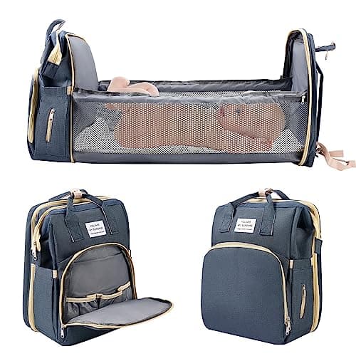 Image of Jalann Baby Changing Bag, Nappy Changing Bag with Foldable Cot Bed, Large Capacity Baby Bags with Changing Mat for Mum, Waterproof Portable Diaper Backpack, Stroller Straps for Travel (Dark Blue)