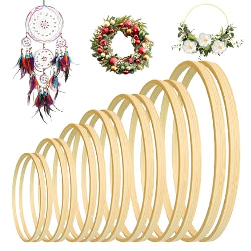 Image of 14Pcs Wooden Wreath Rings Set, Wooden Bamboo Floral Hoop, Christmas Bamboo Rings in 7 Sizes, Wedding Wreath Hoop, Dream Catcher Hoops for Craft DIY Garland Deco