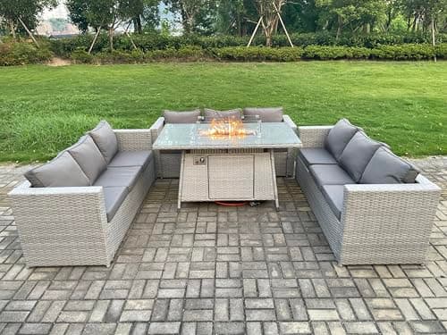 Image of FMSGarden Light Grey U Shape Lounge Sofa Dining Set With Gas Fire Pit Dining Table 9 Seats Garden Furniture Set Heater Burner