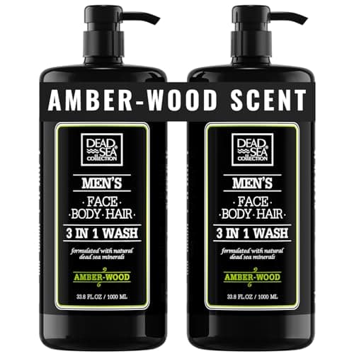 Image of Dead Sea Collection Mens Shower Gel 3 in 1 with Amberwood Oil and Dead Sea Salt - Body Wash, Shampoo for Men, Face Wash - Pack of 2 (1000 ml. each)