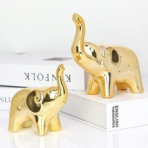 Image of JIMBON A Pair Gold Elephant Statue Home Decor, Sculpture Elephant Ornaments For Living Room Office Desktop Bookshelf, Gold Decor For Anniversary Wedding, Valentines' gifts, Christmases etc