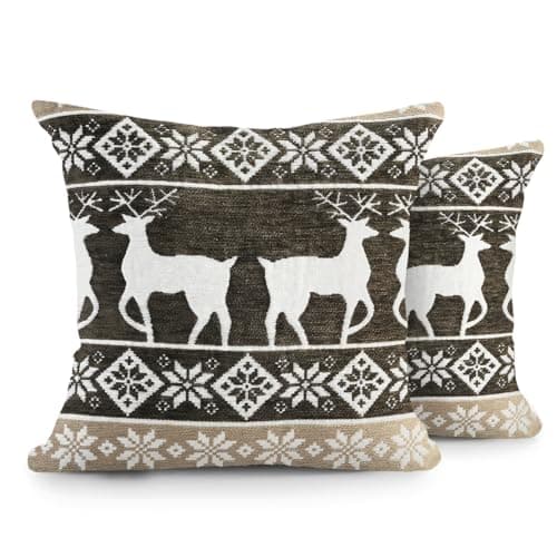 Image of Velosso Christmas Soft Cotton Chenille Tapestry Cushion Cover Xmas Festive Scatter Cushions Nordic Santa Reindeer Stag Snowman (2, Grey Stag, 43x43cms)