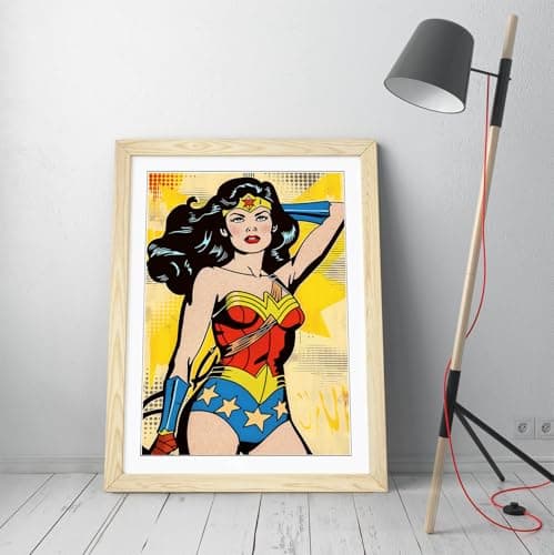 Image of Pop art comic art of wonder woman Stunning Framed Wall Art Print Picture - A4 - Light Oak Frame