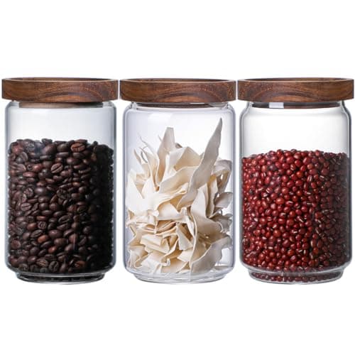 Image of Danmu Art 700ml Glass Storage Jars with Airtight Wood Lids - Stackable Food Storage Containers for Pasta,Coffee Beans,Cereal - Set of 3,Flour 700ml