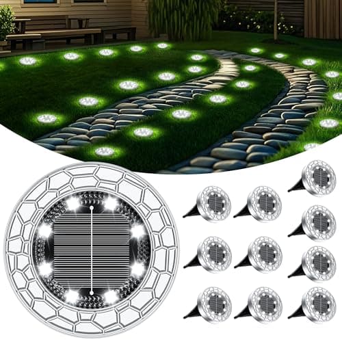 Image of FIFlying Solar Lights Outdoor Garden, 10 Pack Cold White 8 LED Stone Design Stainless Steel Solar Garden Lights, IP65 Waterproof Ground Light for Pathway, Lawn, Yard Decorative Lighting