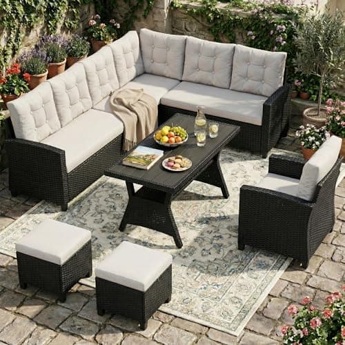 Image of Amopatio 9 Seater Rattan Garden Corner Sofa Set, Patio Dining Set Conversation Set with WPC Dining Table & Storage Shelf & 8 cm Cushions, All-Weather Garden Furniture Conservatory Set, Black & Beige