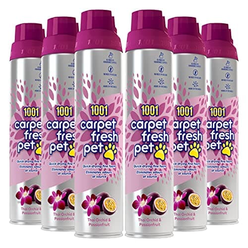 Image of 1001 Carpet Fresh Pet Thai Orchid & Passionfruit Fragrance – Quick drying, For use On Carpet Rug Upholstery Freshening Foam Pet Odour Remover, Pack of 6 300ml Aerosol Spray Can