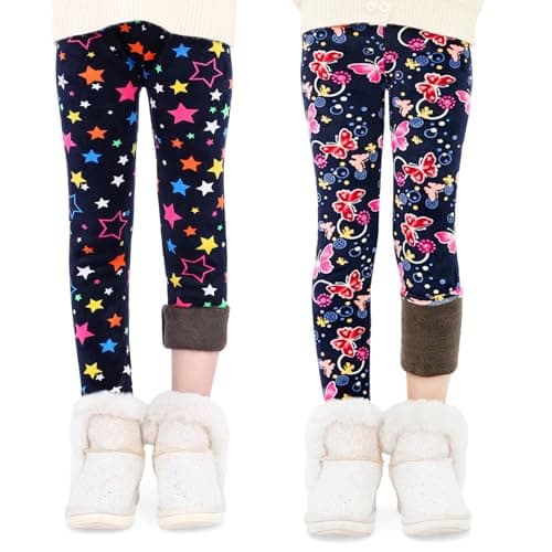 Image of FILOWA Leggings for Girls 2-Pack Fleece Lined Kids High Waist Thermal Trousers with Stretchy Tights Pants Star Butterfly Patterns Thick Warm Legging Basic Casual Autumn Winter Bottom Child 5-6 Years
