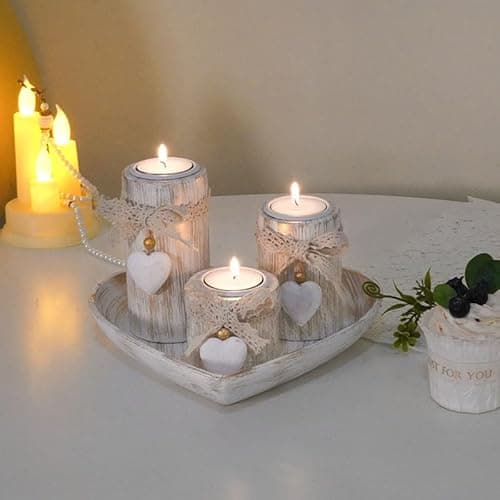 Image of 3Pcs Tealight Candle Holders with Heart Tray Wooden Candlestick Set for Wedding Dining Table Centrepiece Decor, Gift for Mum Birthday Romantic Home Decor