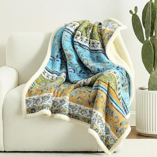 Image of Boho Floral Sherpa Throw Blanket, Reversible Flannel Print & Soft Sherpa, Cozy Fleece Blanket - Green Bohemian throw for Sofa, Couch, Bed, Home Decor
