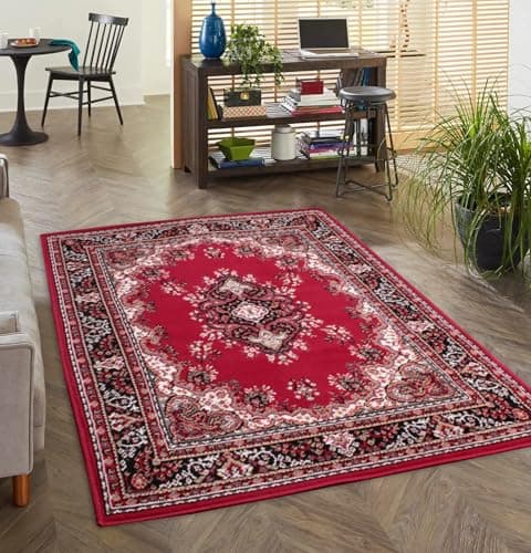 Image of Lord of Rugs Lancashire Traditional Rug for Living Room, Bedroom, Hallways Lounge Classic Carpet Floral Bordered Medallion Oriental Rug Red, Large 160x230 cm (5'3"x7'7")