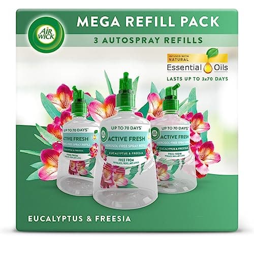 Image of Air Wick Aerosol-Free Automatic Air Freshener Spray Refill Bundle, Eucalyptus & Freesia, Pack 3 x 228ml, 24x7 Active Fresh Odour Neutraliser, Lasts Up to 210 Days, Air freshener For Home