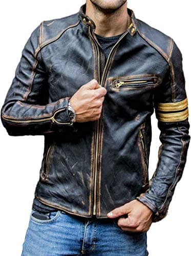 Image of Real Leather Jacket Mens | Cafe Racer Black Leather Motorcycle Jacket | With Distressed Vintage Detail