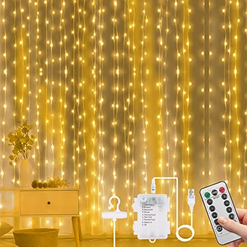 Image of Vicloon 3mx3m Curtain Fairy Lights, 300 LED Curtain Lights, Waterproof Window String Light with Remote Control Timer for Decorate, Outdoor, Indoor, Party, Bedroom