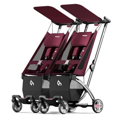 Image of Beberoad R1 Auto-Fold Double Stroller Tandem Pushchair, Ultra Compact Double Pushchair Buggy Pram for Babies Over 6 Months, Side by Side Pram, Can Turn into Two Single Strollers, Only 23.5 lbs, Red