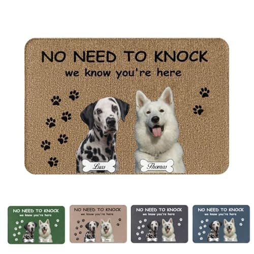 Image of Custom Door Mat Personalised Dog Welcome Doormat Front Door Mat - No Need to Knock - We Know You are Here - Housewarming Gift Customised Outdoor Welcome Mat Rug Home Decor Dog Doormats