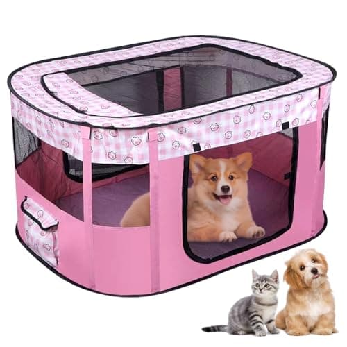 Image of XEERUN Foldable Pet Playpen, Portable Dog Cat Kennel Cage, Pop Up Pet Tent Fence with Storage Bag, Travel Pet Puppy Crate Indoors/Outdoors, for Puppy Dog Kitten Cat, 70 x 55 x 40CM, Pink