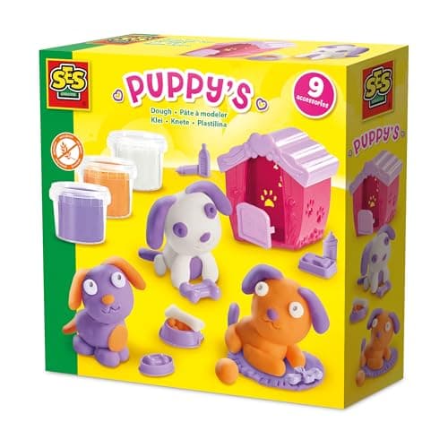 Image of SES Creative 00505 Dough Puppy Play Set - Create Adorable Puppies with Gluten-Free Dough - Includes Doghouse and Accessories - Safe and Fun for Kids Aged 3+, Lila, Orange, Weiß