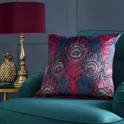 Image of Laurence Llewelyn-Bowen Plum Red Peacock Cushion 55 x 55cm – Luxury Jacquard Cushion with Piped Edge – Reversible Design – Feather-Inspired Pattern – Filled Decorative Scatter Pillow