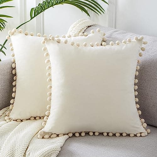 Image of Topfinel Cream Cushion Cover for Bedroom Boho PomPoms Velvet cushion covers 16 x 16 inches for Sofa Livingroom fluffy Pillowcases Square Decoration Cushions Pack of 2