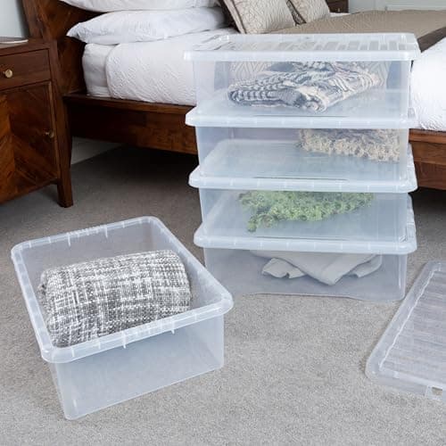 Image of Wham Crystal 5 x 32L Stackable Plastic Storage Boxes with Lids | Ideal for Home, Office, Toys & More | Medium Boxes | Made in UK - Clear