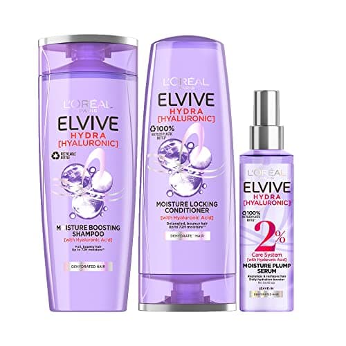 Image of L'Oreal Paris Elvive Hydra Hyaluronic Shampoo, Conditioner and Serum Set with Hyaluronic Acid, Hair Care Treatment with Anti Frizz Spray for Dry Hair, Shampoo 500ml, Conditioner 400ml, Serum 150ml