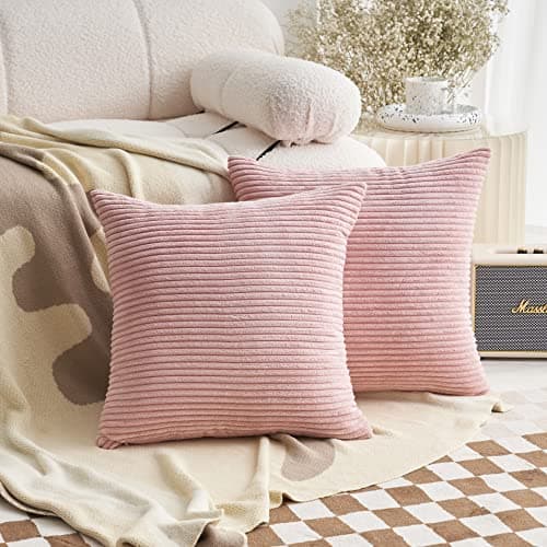 Image of Demetex Pink Cushion Covers 45 x 45 Plush Blush Cushion Cases Corduroy Striped Cushions for Living Room Bedroom Decorations, 45x45 cm, Set of 2, Pink