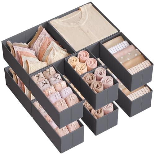 Image of SONGMICS Drawer Organisers, Dresser Dividers, Set of 12, Foldable Fabric Storage Boxes for Socks, Underwear, Bras, Ties, Scarves, Slate Grey RDZ006G03