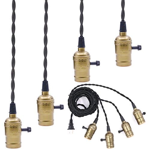 Image of Swpeet Bronze 4 Vintage Light Sockets Pendant Hanging Light Cord with Switches, E26 / E27 Solid Industrial Triple Lamp Sockets Cord for Kitchens / Dining Rooms / Bars / Restaurants (Copper)