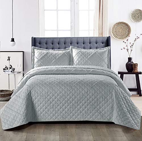 Image of B&B Quilted Bedspreads Double Bed Throws - Reversible Embossed Quilted Bed Throw Bedspreads Double Size 240x250cm with 2 Pillows Cases, Silver