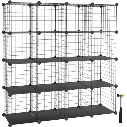 Image of SONGMICS 16 Cube Metal Wire Storage Organiser, DIY Closet Cabinet and Modular Shelving Grids, Wire Mesh Shelves and Rack, Black LPI44H