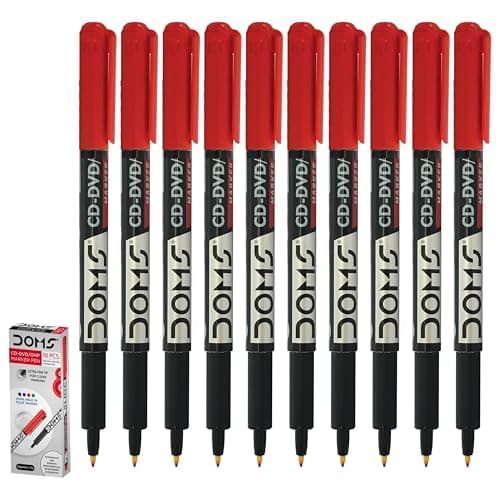 Image of DOMFine Permanent Marker Pens, RED, Pack of 10, Extra Fine Tip CD/DVD Markers, Write on Most Surface, Waterproof Ink, Quick Dry, iZOFAX Black Ball Pen