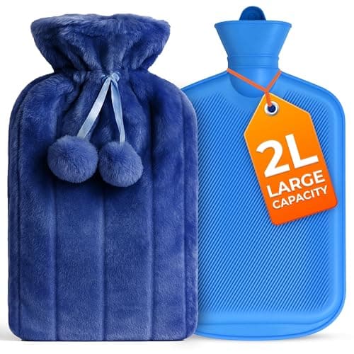 Image of 2L Hot Water Bottle with Blue Faux Fur Cover - Hot Water Bottle with Pom Poms for Pain Relief, Hand and Foot Warmer - Luxury, Soft and Washable Hot Water Bag for Hot and Cold Compress